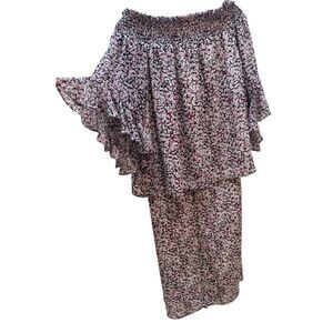 Floral Off Shoulder Two Piece Set Palazzo‎ Pants Wide Leg Top Pink Black SZ M